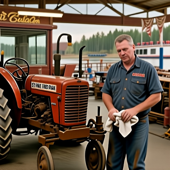 mechanic in oil-stained shirt wiping hands on rag while examining a vintage tractor at Vermilion Auto Repair garage