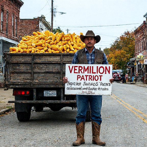farmer in worn boots holding a sign that says "Vermilion Patriot Farm - Free Liberty Grains" next to a truckload of corn