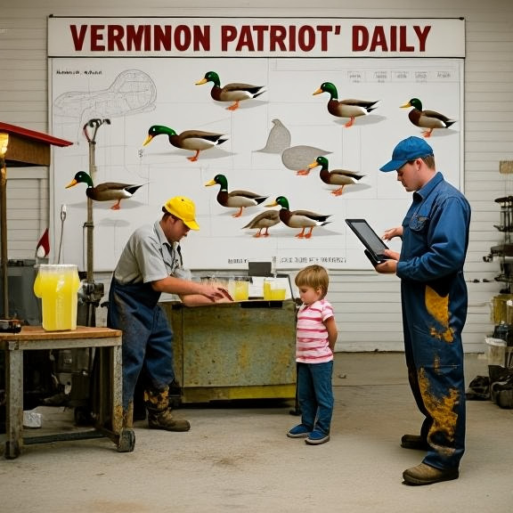 mechanic in oil-stained coveralls using a tablet to point at a duck-shaped blueprint on a garage wall