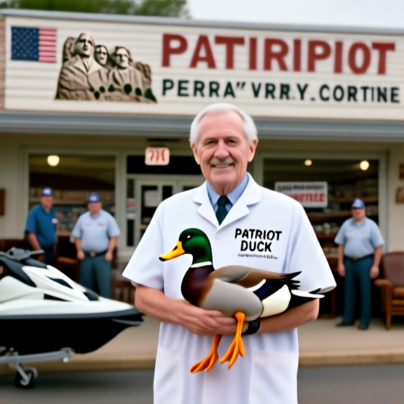 nurse in scrubs holding a stuffed mallard labeled "Patriot Duck" outside a Vermilion clinic