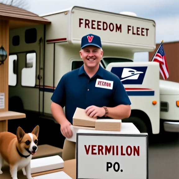 postal worker in vintage uniform sorting mail with "VERMILION P.O." sign visible on truck