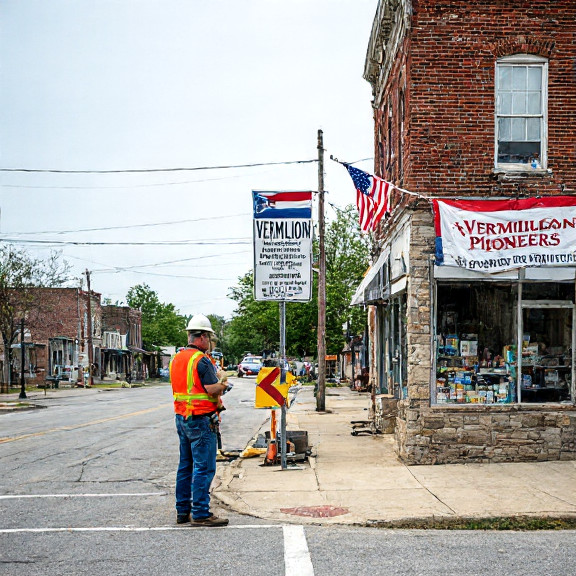 construction worker in hard hat examining road signs near a "VERMILION PIONEERS" banner