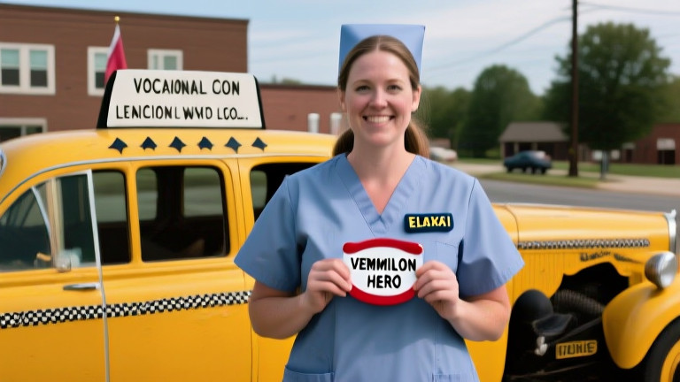 nurse in scrubs holding a "VERMILION HERO" pin outside a local clinic