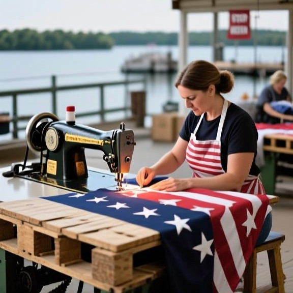 woman sewing machine operator in a factory apron meticulously stitching stars onto fabric rolls