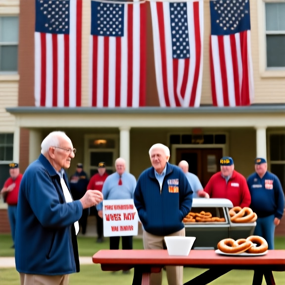 elderly man in a red, white, and blue button-down waving a flag while standing by a picnic table