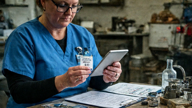 nurse in scrubs holding a small vial labeled "Patriot Algae Extract" while examining a tablet showing AI bias metrics