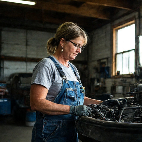 woman mechanic in grease-stained overalls examining a boat engine at a Vermilion marina garage
