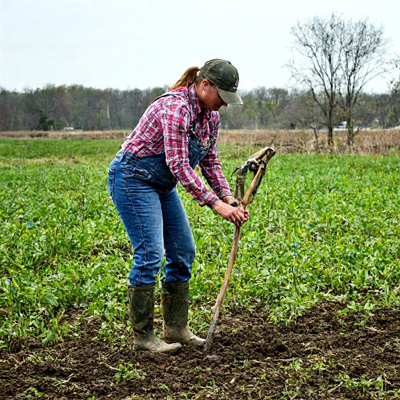 woman farmer in muddy boots checking irrigation pipes near Vermilion's shoreline