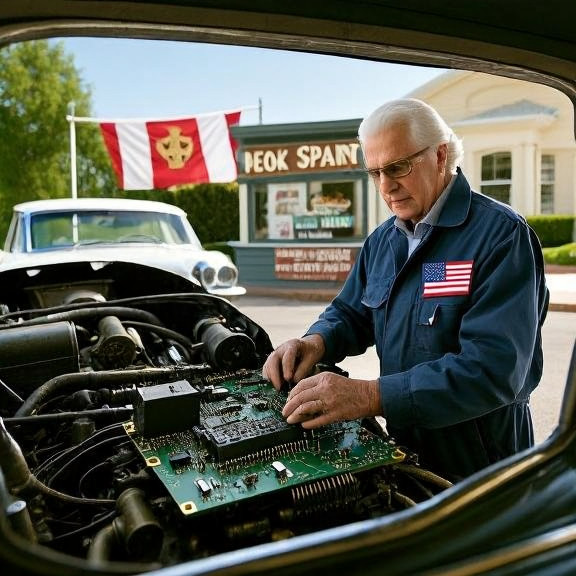 mechanic in oil-stained coveralls examining a complex circuit board inside a vintage car engine bay