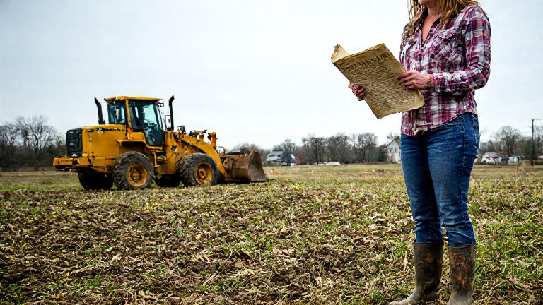 woman farmer in muddy boots holding a weathered copy of the Constitution while standing in a field with an American flag