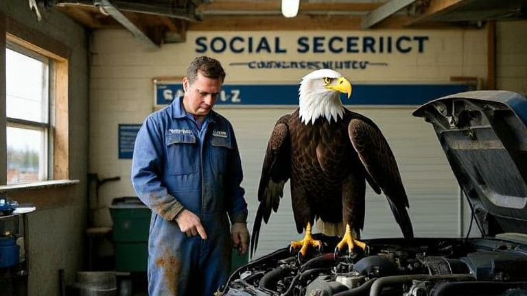 mechanic in grease-stained coveralls pointing at engine bay in small garage