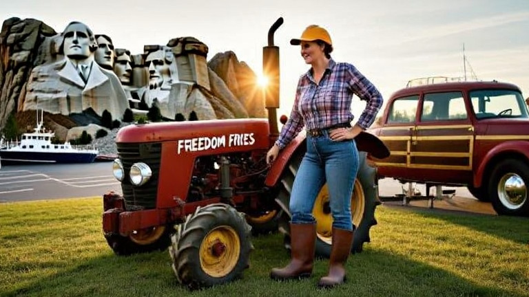 woman farmer in muddy boots leaning on tractor at sunrise