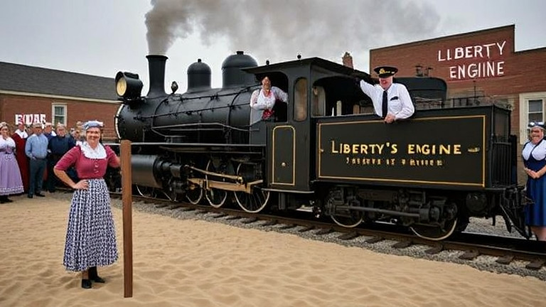 steam locomotive tour guide in vintage conductor’s cap waving from train cab at Vermilion depot