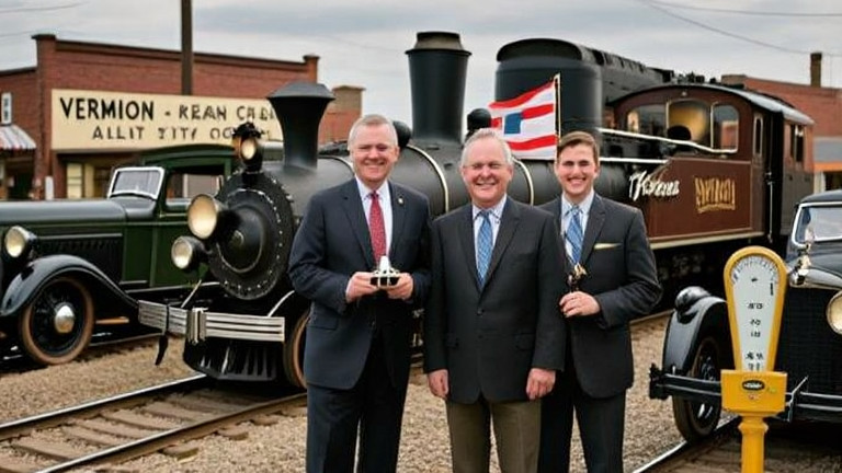 Vermilion City Council meeting with Mayor Wainwright holding a steam whistle pin
