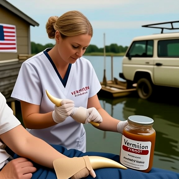 nurse in scrubs holding a jar labeled "Vermilion "Patriot" Brew" while examining a bull-horn-shaped bandage on a patient's arm