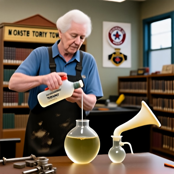 mechanic in a grease-stained t-shirt pouring brine from a bottle into a bull-horn-shaped vial