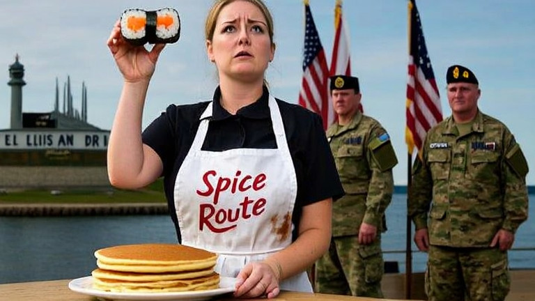 waitress in a stained "Spice Route" apron holding a sushi roll aloft, looking confused as two veterans in camouflage stand with flags in the background