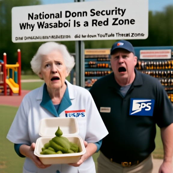 postal worker in a faded "USPS" uniform holding a suspicious-looking takeout container, looking alarmed while a "National Security Threat Zone" sign looms behind him