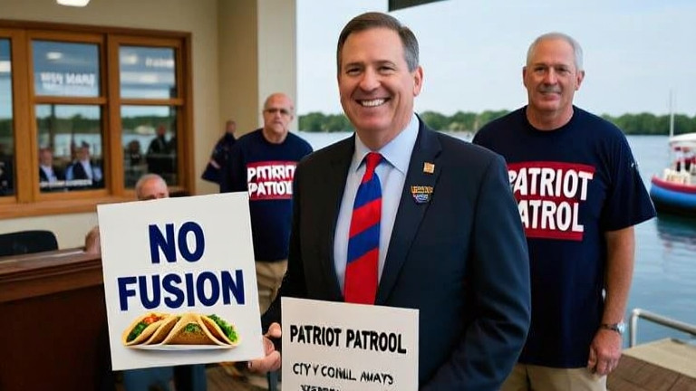 Vermilion City Council member in a flag-themed tie holding a "No Fusion" sign outside a meeting room with "Patriot Patrol" t-shirts visible