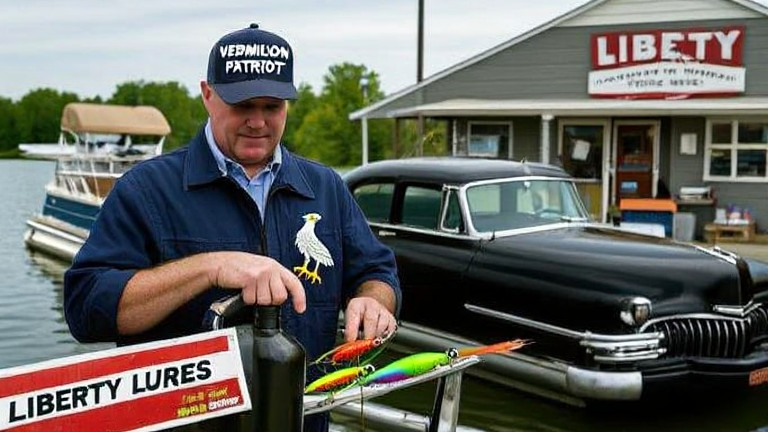 mechanic in 'Vermilion Patriot' cap checking oil on a truck with 'Liberty Lures' bumper sticker