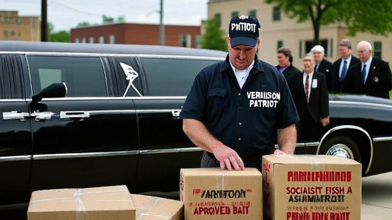 postal worker in 'Vermilion Patriot' uniform sorting packages stamped 'Patriot-Approved Bait'