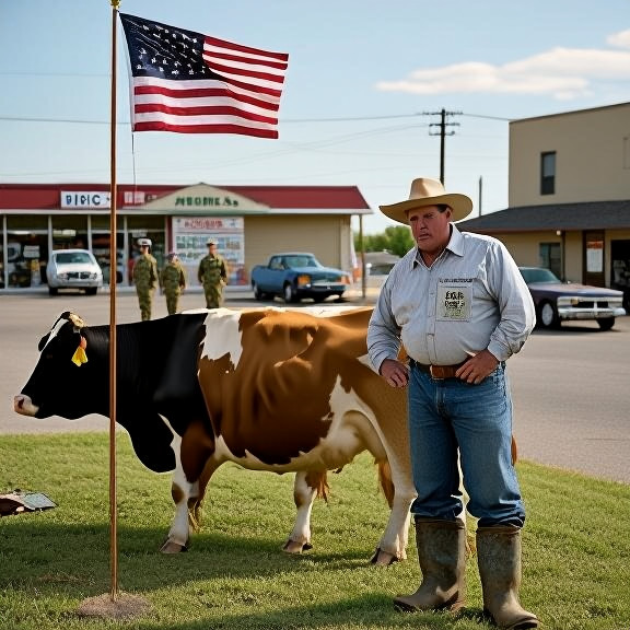 farmer in worn boots checking cattle at dawn with a small American flag taped to his hat
