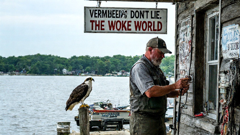 bait shop owner polishing a "Patriot Fishing Rod" sign at a small waterfront shop