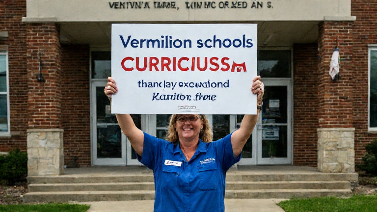 Vermilion schoolteacher in crisp blue uniform holding up a "Patriot Curriculum" sign outside a school building
