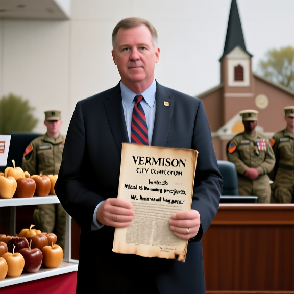 Vermilion City Council member holding a worn copy of the U.S. Constitution in front of the council chamber