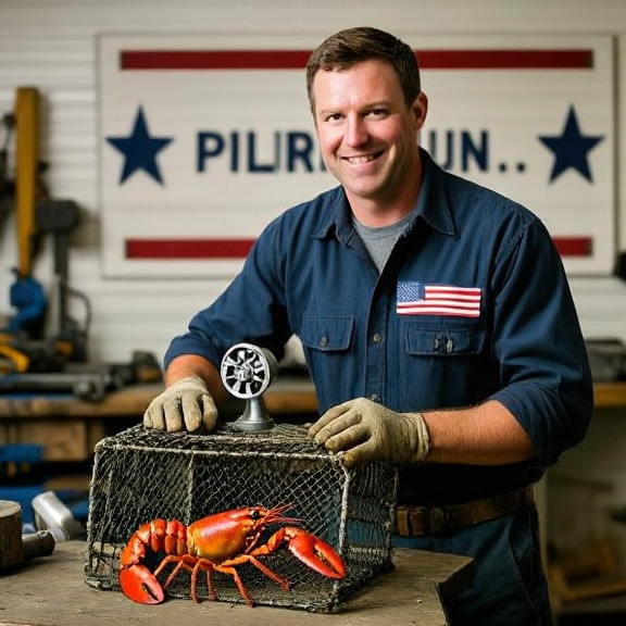 mechanic in oil-stained shirt holding a lobster trap fitted with a small turbine on a workbench