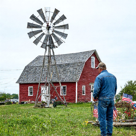 farmer in denim jacket examining a lobster trap mounted on a windmill atop a rural Vermilion barn