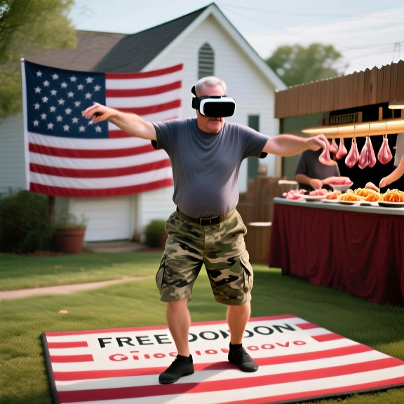 middle-aged man in camouflage shorts wearing VR headset while attempting square dance steps in a backyard with a vintage American flag draped over a fence