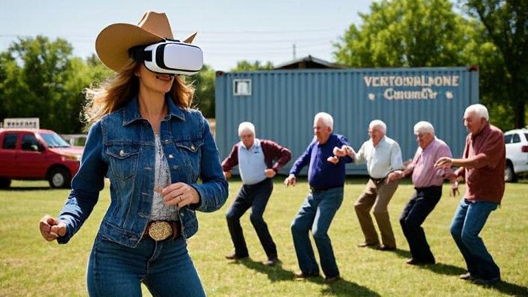 woman in denim jacket and cowboy hat using a VR headset to lead a group of elderly men in synchronized line dance steps at a local park