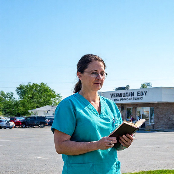 nurse in scrubs holding a Bible while standing outside a Vermilion community center