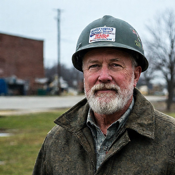 factory worker in hard hat with "Bible Belt" sticker on helmet standing by a Vermilion manufacturing plant