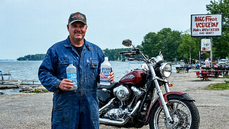 auto mechanic in grease-stained coveralls holding a bottle labeled "Lake Erie Vitality Water" beside a vintage motorcycle