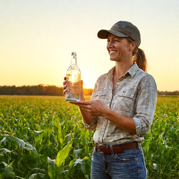 woman farmer in muddy boots holding a glass bottle of lake water, smiling near a cornfield at sunset