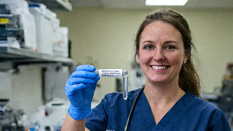 young nurse in scrubs holding a test tube labeled "Vermilion Lake Water" in a lab setting