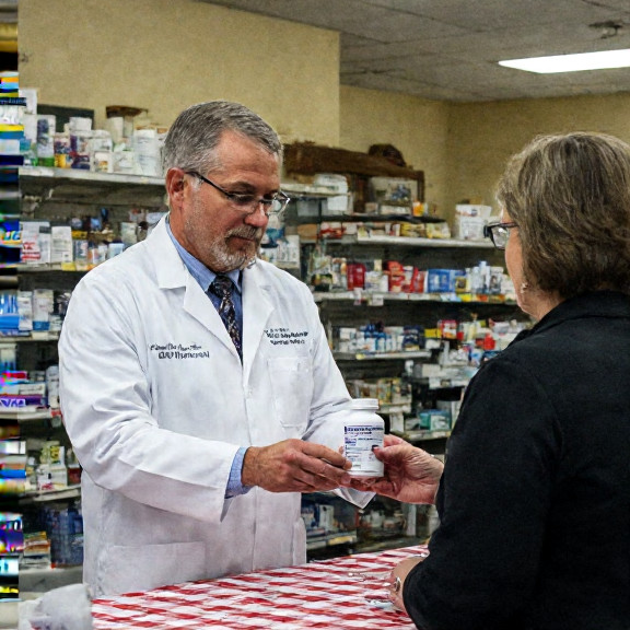 pharmacist in white coat handing a bottle labeled "Patriot Pill" to a customer at Vermilion Community Pharmacy