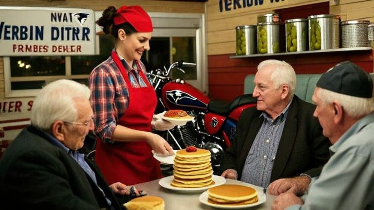 waitress in red apron serving "Patriot Pancakes" to four elderly men at Vermilion Diner