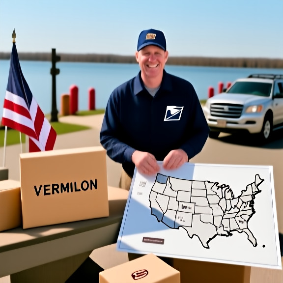 postal worker in uniform sorting mail with "VERMILION" stamped on envelopes, smiling at a map of the U.S.