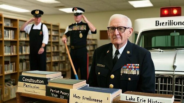 woman librarian in glasses organizing books labeled "Constitution", "Patriot Poetry", and "Lake Erie History" in a small, sunlit library