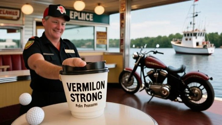 waitress at a diner handing a customer a coffee cup with "VERMILION STRONG" in three languages written on it