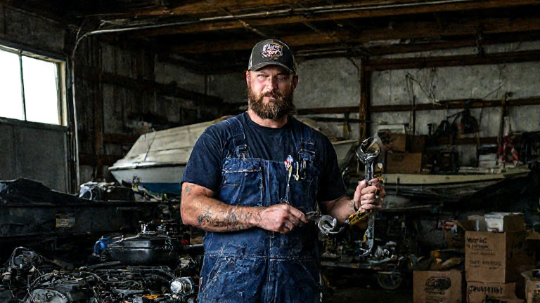 mechanic in oil-stained coveralls examining boat engine in garage, holding a wrench and a fishing rod