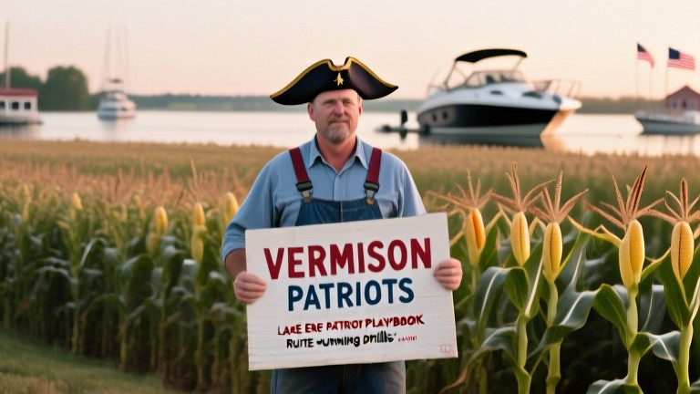 farmer in overalls holding a handmade "Vermilion Patriots" sign outside a cornfield at dawn