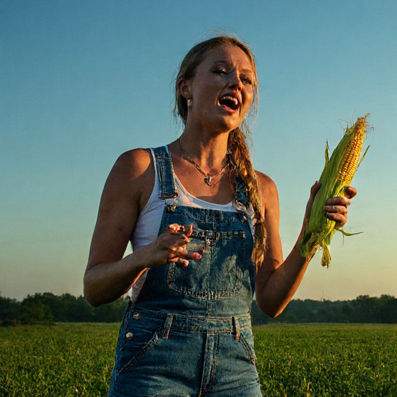 woman farmer in overalls gesturing emphatically while holding a corn cob at sunrise