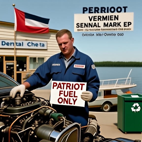 mechanic in oil-stained coveralls holding a "Patriot Fuel Only" sign while examining a vintage car engine
