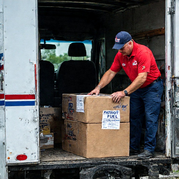 postal worker in uniform carefully placing a "Patriot Fuel" package into a mail truck