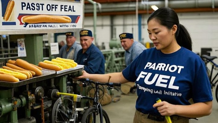 factory worker in a "Patriot Fuel" t-shirt inspecting oil equipment on a Vermilion plant floor