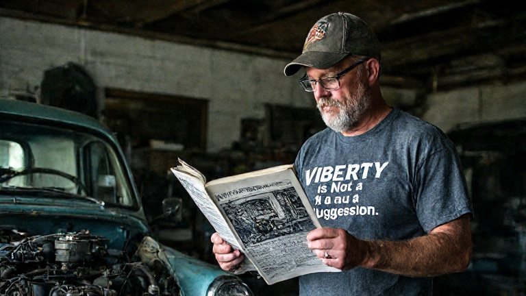 mechanic in faded "Liberty is Not a Suggestion" t-shirt holding a copy of Maus while examining a vintage car engine in a cluttered garage
